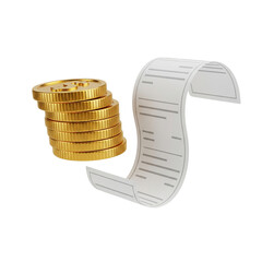 Stack of gold coins with a receipt bill isolated on transparent background