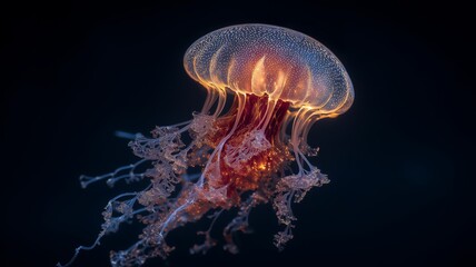 A jellyfish glows in dark waters, illuminating the surrounding ocean.