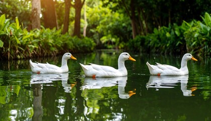 Three white ducks in a tranquil park pond