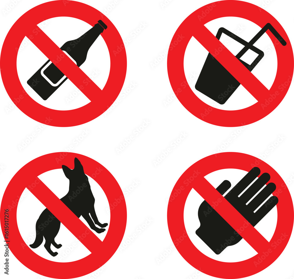 Poster the image shows four red circular signs with a diagonal line through them, indicating prohibition of