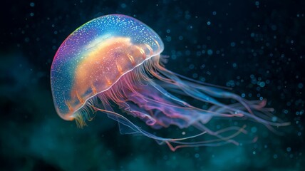 A vibrant jellyfish glides through deep water, its colorful tentacles trailing gracefully.
