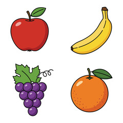 Cartoon Fruit Set Apple Banana Grapes and Orange on White Background