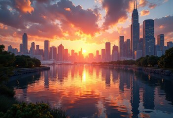 Fototapeta premium vibrant cityscape waterfront sunset skyline reflection breathtaking urban landscape lights colorful atmosphere scenic view, river, building, night, bridge, harbor
