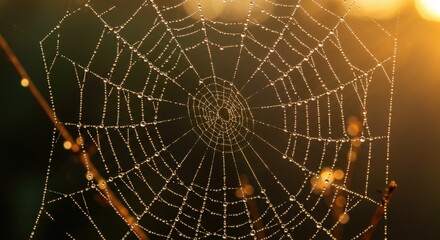 Obraz premium Intricate Spider Web with Dew Drops in Soft Morning Light
