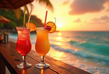 vibrant cocktail glasses sunshine ocean view tropical paradise bar drinks relaxation refreshment sunset, beach, colors, party, vibrancy, sea, coastal, fruit