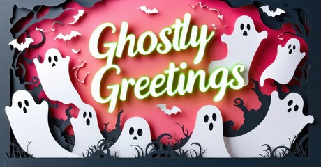 Obraz premium Papercraft design features ghosts, bats, spooky trees. Pink moon backdrop creates festive Halloween greeting card aesthetic.