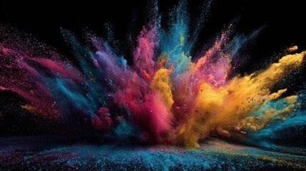 Vivid explosion of colorful powder suspended in the air, against a deep black backdrop