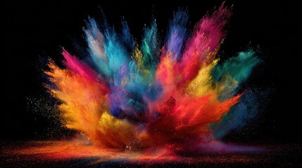 Vibrant burst of colorful powder explodes against a dark, dramatic background