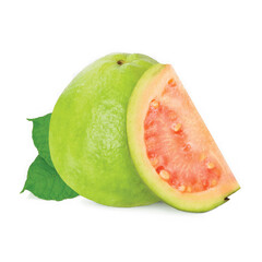 Fresh ripe pink guava fruit whole and sliced showing juicy pulp and seeds isolated on transparent...