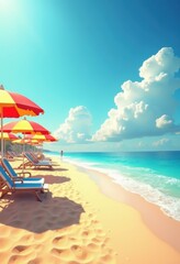 Fototapeta premium vibrant colorful beach umbrellas casting shadows sunny shoreline relaxing summer vibes calm ocean waves warm sunshine, sea, sand, vacation, coast