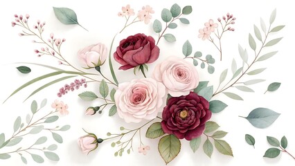 Elegant watercolor floral arrangement featuring deep red and soft pink roses with delicate greenery on a white background