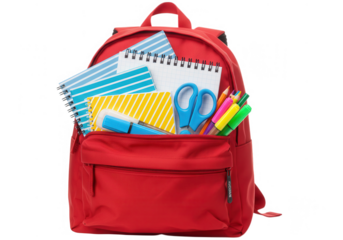 Red backpack filled with school supplies isolated on transparent background