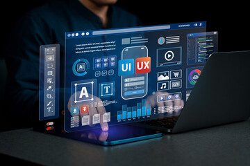 Web UI-UX design, web development concept. A web developer works on a website, surrounded by holographic displays of code, icons, and data visualizations. Web design, application design, coding.