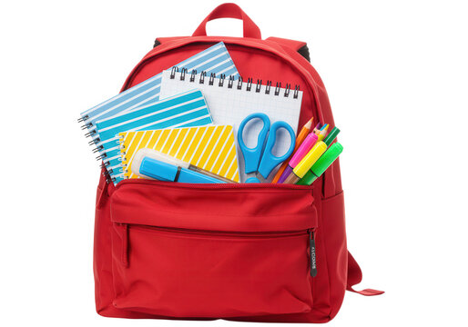 Red backpack filled with school supplies isolated on transparent background