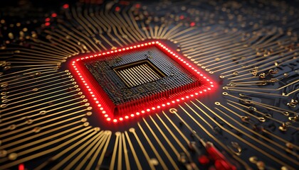 Advanced microprocessor chip glowing with powerful red and yellow light, illustrating the future of computing and data processing technology.