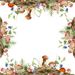 Fototapeta premium Suillus slippery jack larch bolete milk-cap mushroom, blackberry cranberry. Hand drawn watercolor square border frame. Fallen autumn leaves twigs needles, moss lichen growth on bark. Label tag cards