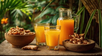 Golden beverage in glasses and pitcher, alongside root pieces in bowls, on rustic wood