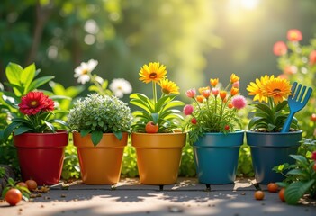 vibrant colorful potted plants surrounded adorable gardening tools lush garden setting, soil, bloom, vegetation, flora, urban, jungle, decor, leaf