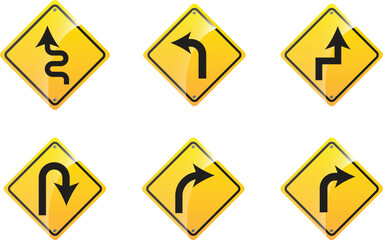 Yellow traffic warning signs with arrows, symbols, and text provide isolated caution for turns, direction, and danger on the street, ensuring road safety