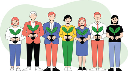 Diverse group of people holding plants symbolizing growth and sustainability concept
