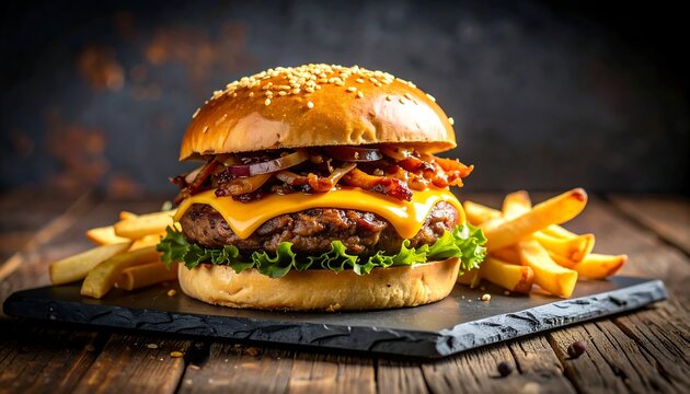 Gourmet Burger with Melted Cheese, Crispy Bacon, and Golden Fries on Rustic Wood - Powered by Adobe