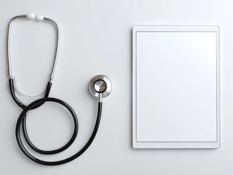 Top-down view of a stethoscope and blank tablet computer against a white backdrop