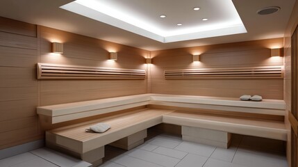 Scandinavian-style sauna with light wood, minimal decor, and soft diffused lighting for a calming effect.