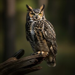 Obraz premium Majestic Great Horned Owl Perched on a Weathered Branch Observing with Intense Golden Eyes in a Serene Forest Setting