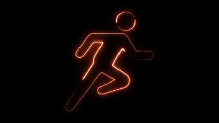 Neon running man icon glowing orange on black background abstract motion graphic silhouette figure active lifestyle