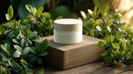 White cosmetic cream jar with wooden lid displayed on a wooden block surrounded by vibrant green plants, promoting natural skincare. 