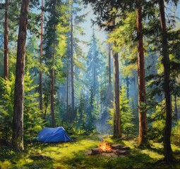 Sunlit forest scene with a blue tent and campfire