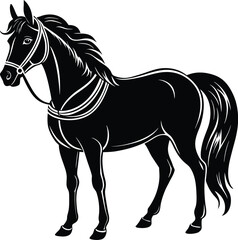 Stylized Horse Illustration Black & White Vector Featuring Mane, Bridle & Upright Posture