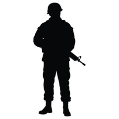 Silhouette of a Soldier Standing with Rifle in Uniform and Helmet
