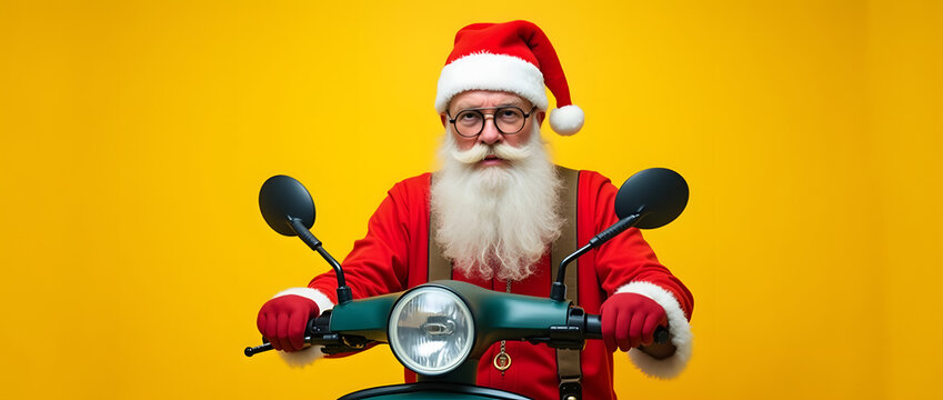 Portrait d'un Père Noël hipster sérieux, coiffé d'un bonnet rouge, conduisant son scooter à toute vitesse pour se rendre à une fête de Noël, vêtu d'une chemise et de bretelles, isolé sur un fond jaune