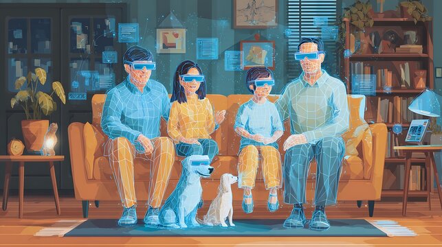 Family enjoys immersive virtual reality. Parents, children explore digital worlds from sofa, showcasing future home entertainment, shared tech connection.