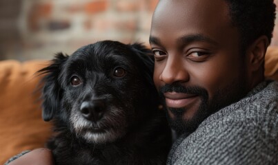Black African American man cuddling his Black dog at home, showcasing the bond between a man and his pet in a cozy, intimate setting, Generative AI