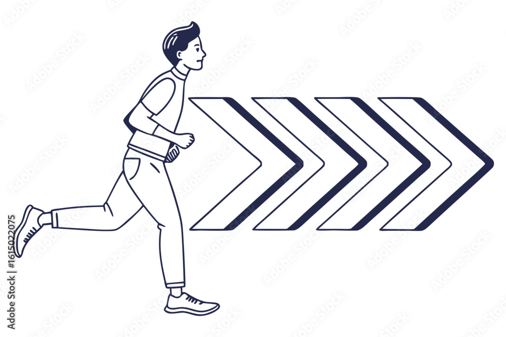Poster man running forward with directional arrows