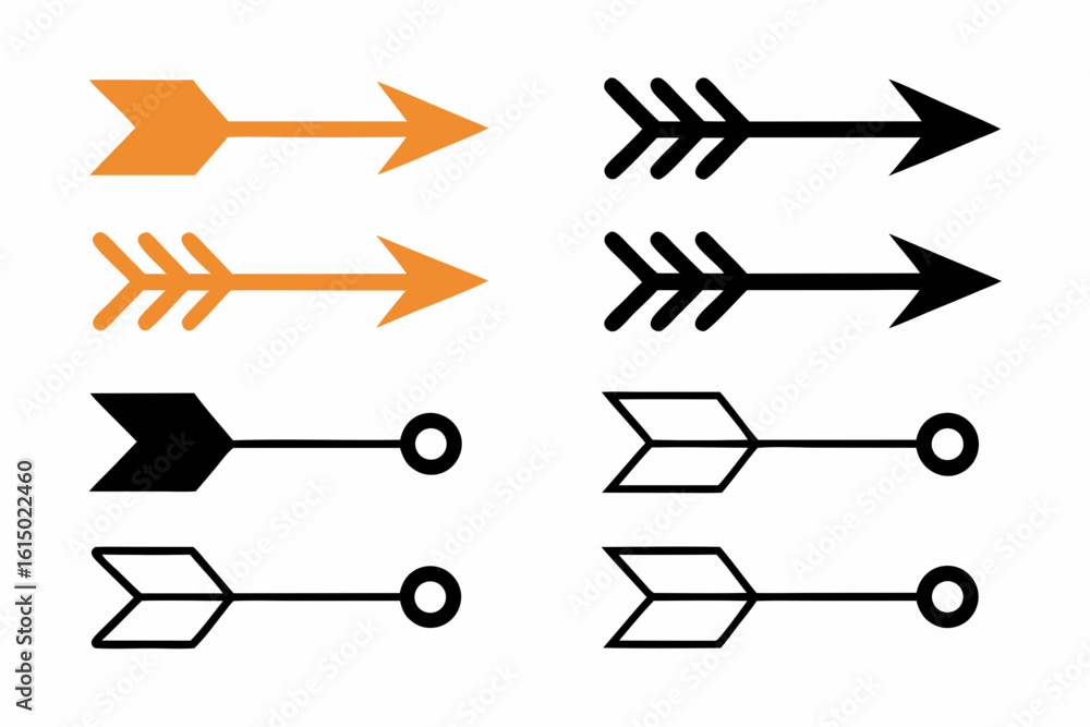 Poster collection of arrow icons in different styles and colors