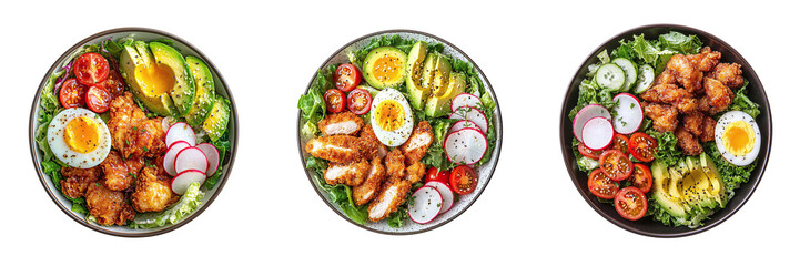 Set of delicious healthy summer salads with avocado, egg, tomato, chicken, radish and greens isolated on transparent background PNG