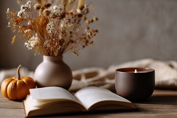 An open book, a burning candle, a small pumpkin and a vase with dried flowers on a wooden table, cozy atmosphere. Background for reading, lifestyle, interior, autumn banner
