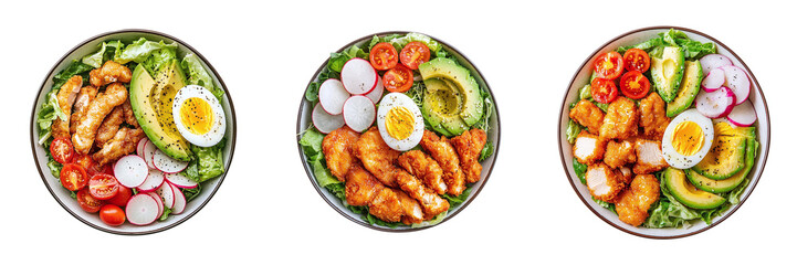 Fototapeta premium Set of delicious healthy summer salads with avocado, egg, tomato, chicken, radish and greens isolated on transparent background PNG