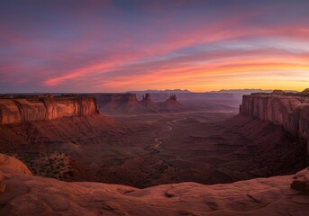 Desert canyon at sunset, red rocks and soft shadows


