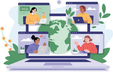 Global Online Meeting with Diverse People on Laptop Computer Screens