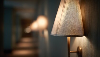 Obraz premium Soft, warm light illuminates a hallway from a series of wall-mounted lamps with cone-shaped shades