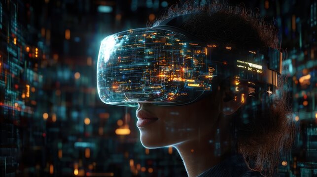 Virtual reality experience person with vr headset digital cityscape