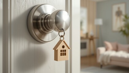 Close up of a modern metallic door knob with wooden house shaped keychain inside a cozy home