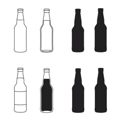 Beer Bottle Vector Icons in Outline and Silhouette Style on White