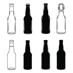 Set of Beer Bottle Silhouettes in Black and White Vector Illustration