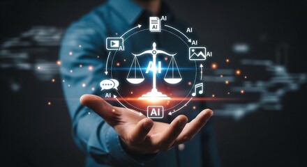 Fototapeta premium A hand presents a digital scale surrounded by ai icons, representing the balance of artificial intelligence, ethics, and responsible technology
