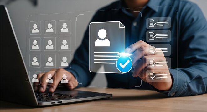 A professional uses a laptop to manage the recruitment process, selecting the best candidate for the job